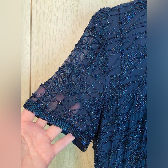 Vintage 90s Oleg Cassini Black Tie Beaded Silk Midnight Blue Cocktail Dress 6 - Picture 2 of 12